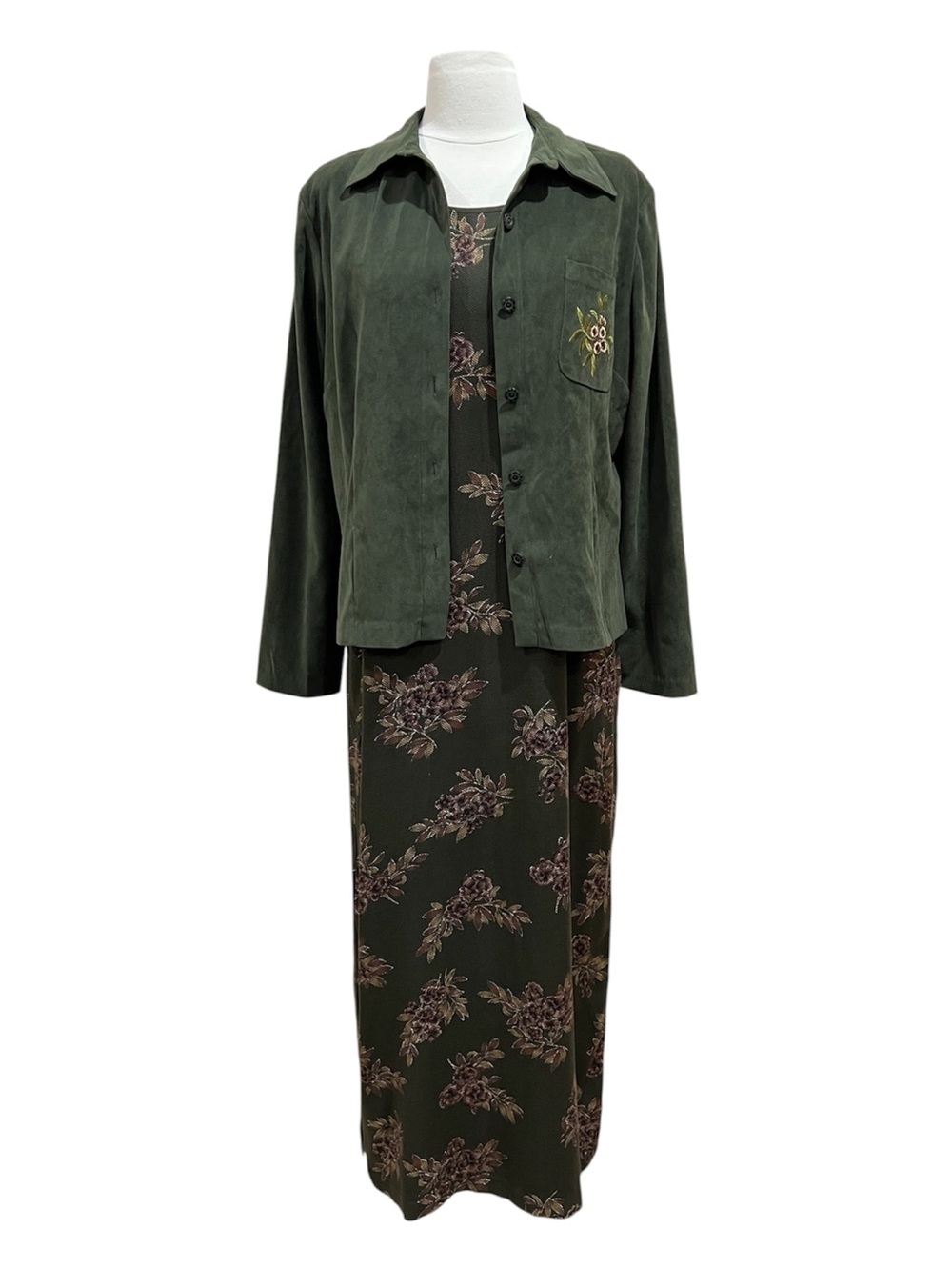 Erika Vintage 90s Two Piece Set Olive Green Floral Maxi Dress & Shacket Sz Small